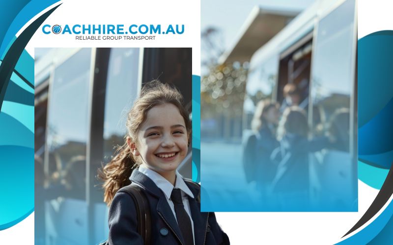 children excitedly boarding a coach in uniform, student transport, June 2024, Australia